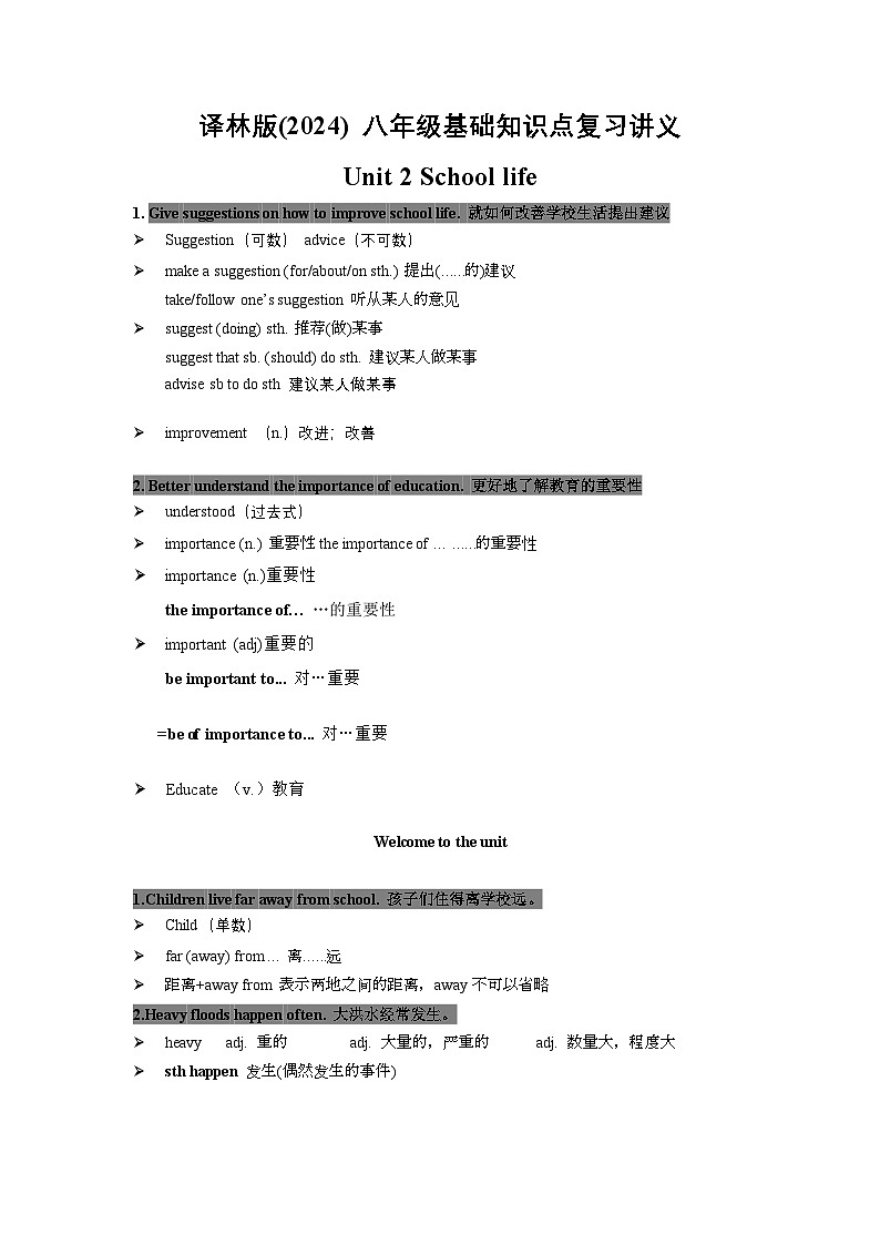 Unit 2 School life 基础知识点复习讲义（含答案）-译林版（2024）英语八年级上册第1页