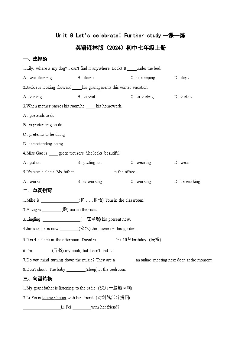 Unit 8 Let's celebrate! Further study一课一练英语译林版（2024）初中七年级上册(无答案)第1页