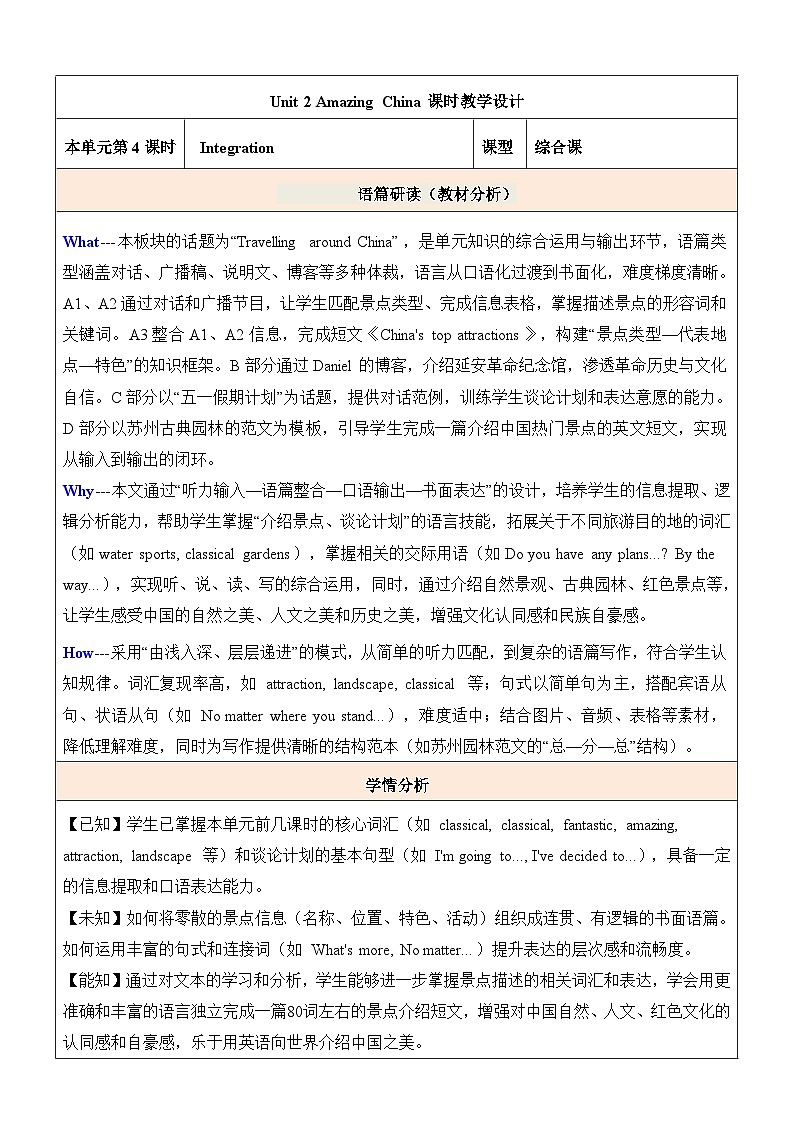 Unit 2 Integration 1.2 教学设计-译林版初中英语八年级下册（新教材）第1页