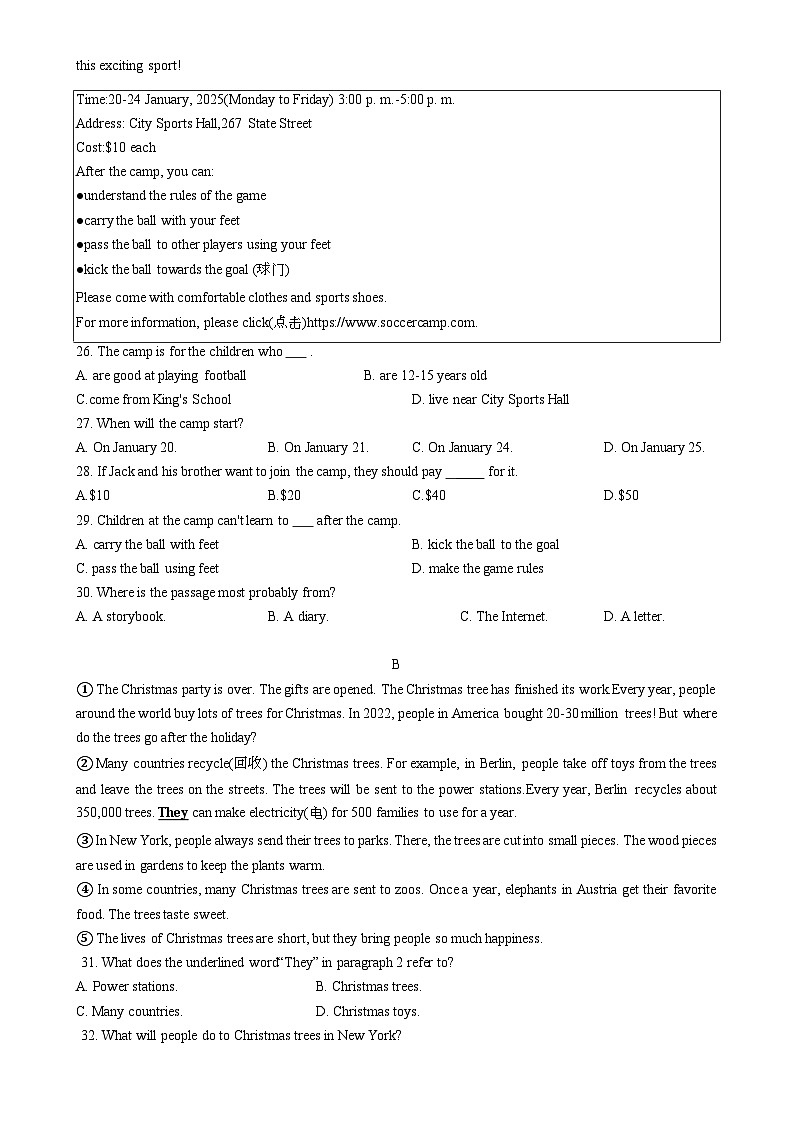 广东省深圳实验学校初中部七年级上学期期末考试英语试卷-A4第3页
