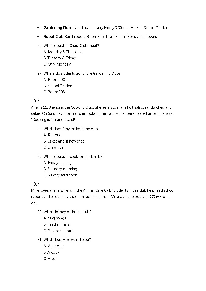 人教版（2024）英语七年级上册Unit 5 Fun Clubs 单元测试卷（含答案）第3页