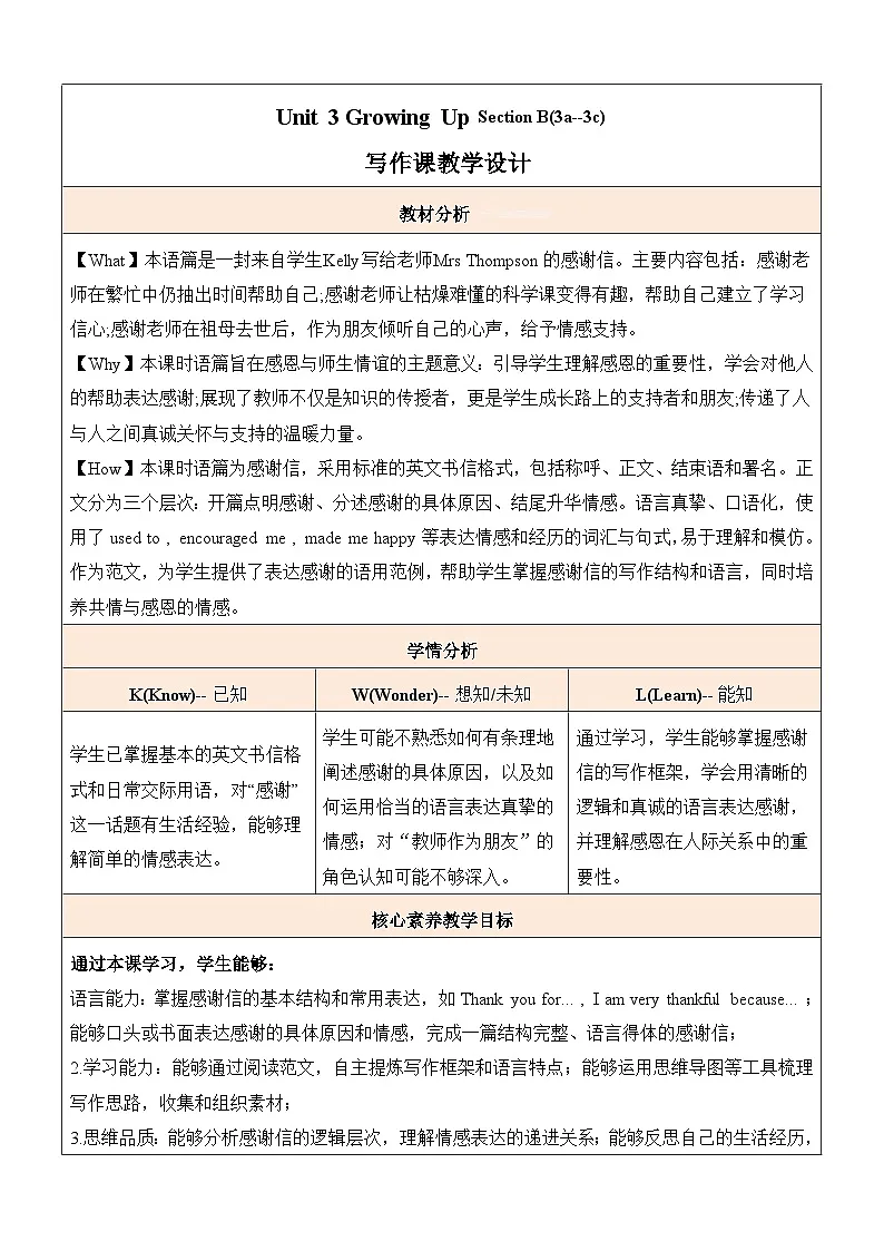 初中英语人教版（2024）八年级下册Unit 3 Growing Up Section B(3a--3c) 表格式教案第1页