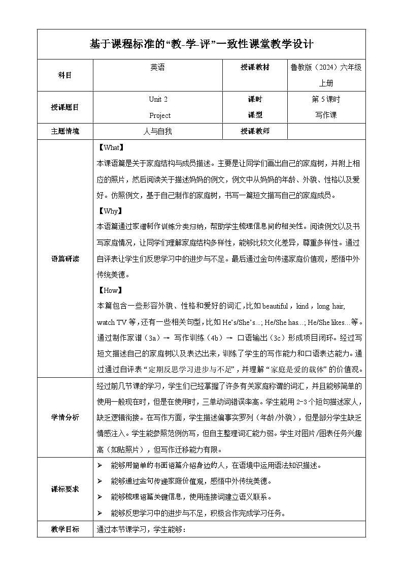 Unit 2 课时5 Project教学设计表格式英语鲁教版五四制六年级上册第1页