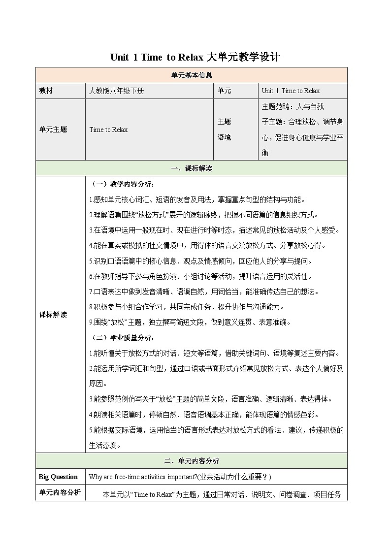 人教版2024初中英语八下Unit1 Time to Relax大单元教学设计（表格式）第1页