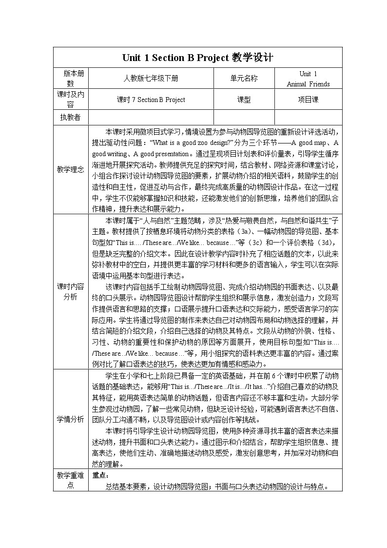 人教版2024初中英语七下Unit1 Section B Project教学设计（表格式）第1页