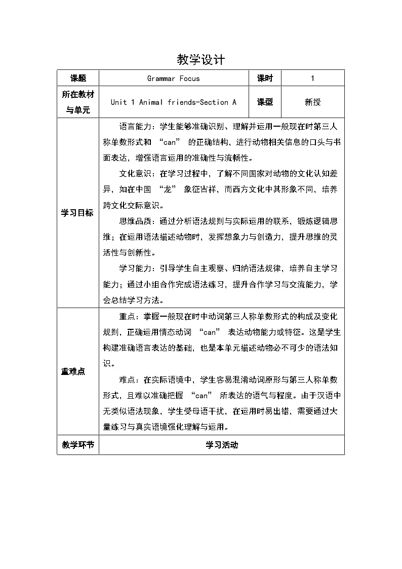 人教版2024初中英语七下Unit1 Section A Grammar Focus教案（表格式）第1页