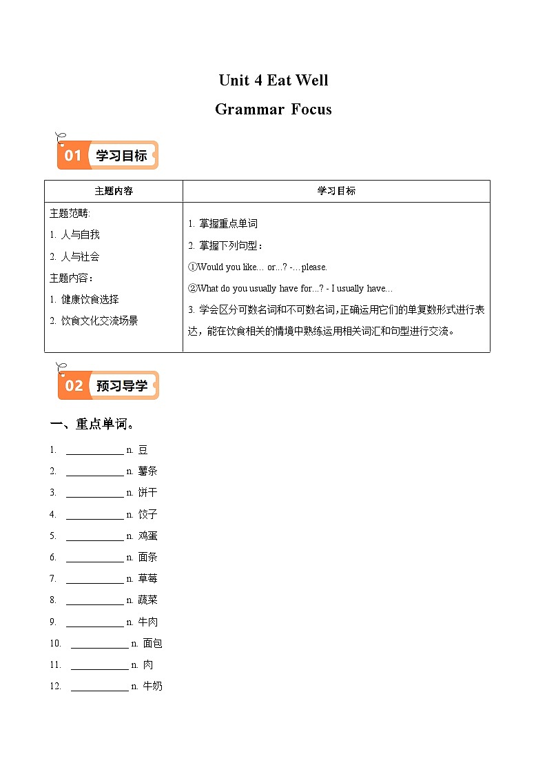 人教版2024初中英语七下Unit4Grammar Focus（重难知识导学及练习）（无答案）第1页