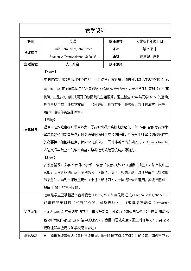 人教版2024初中英语七下Unit2课时2Section A (Pronunciation-2a-2f）表格式教学设计第1页