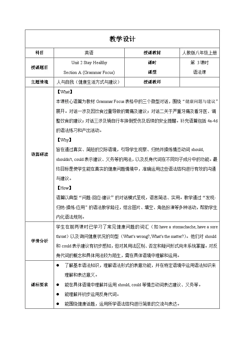 人教版2024初中英语八下Unit2课时3Section A Grammar Focus表格式教学设计第1页