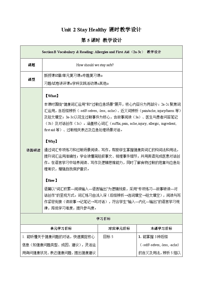 人教版2024初中英语八下Unit2 Stay Healthy Section B（2a-3c）表格式教学设计第1页