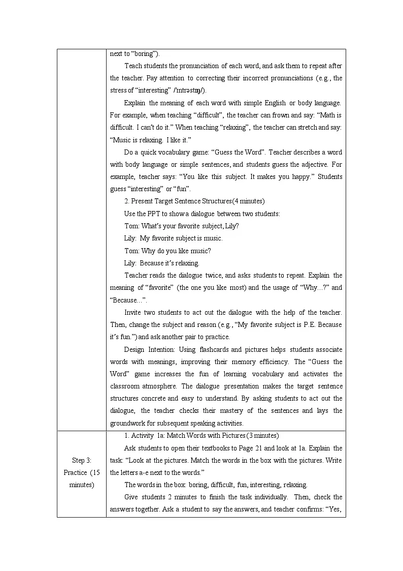 Unit 4 My Favourite Subject Section B（1a-1d）教案 （表格式）人教版（2024）英语七年级上册第3页