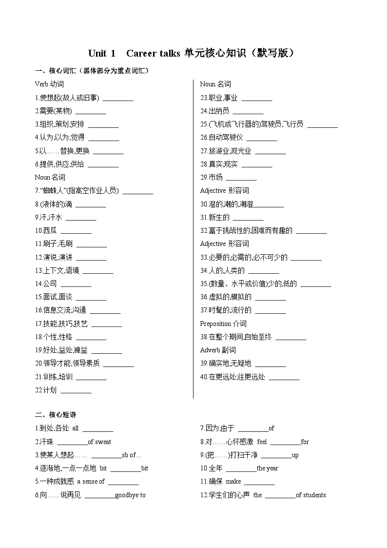 外研版2024初中英语八下Unit1 Career talks 单元知识点清单（默写版无答案）第1页