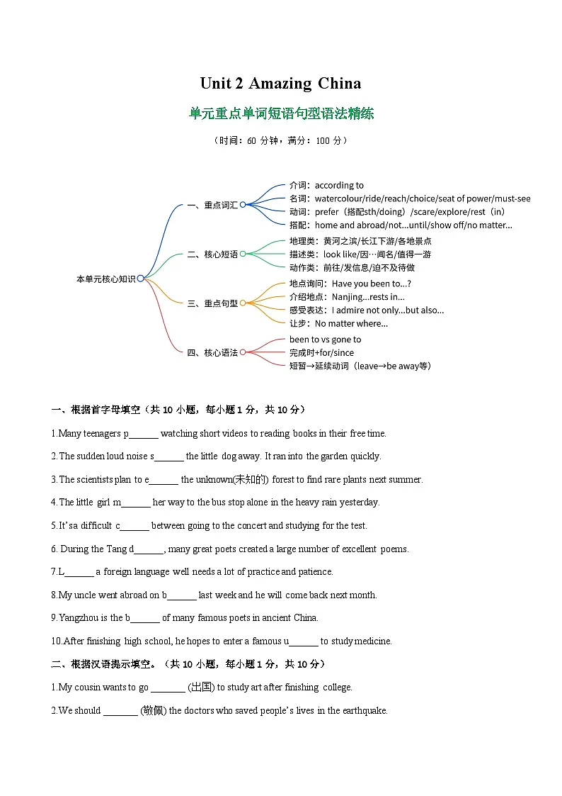 译林2024初中英语八下Unit2Amazing China单词短语句型语法 练习（无答案）第1页