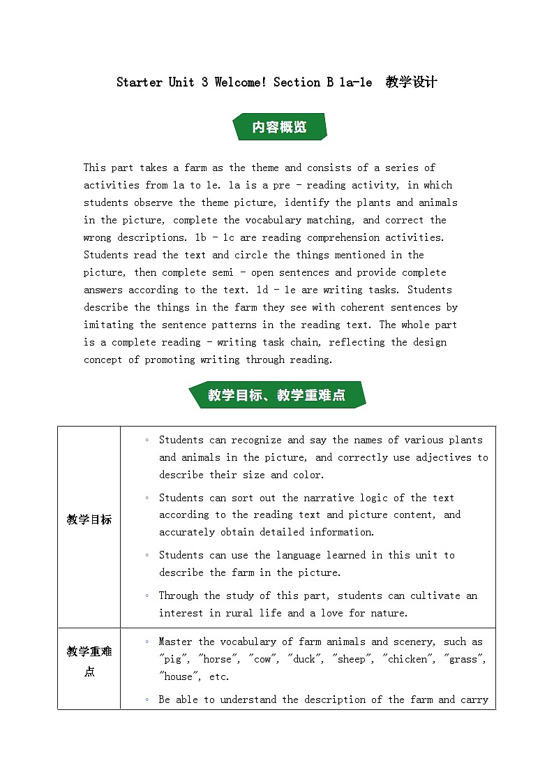Starter Unit3 Welcome! SectionB1a-1e教学设计人教版（2024）七年级英语上册第1页