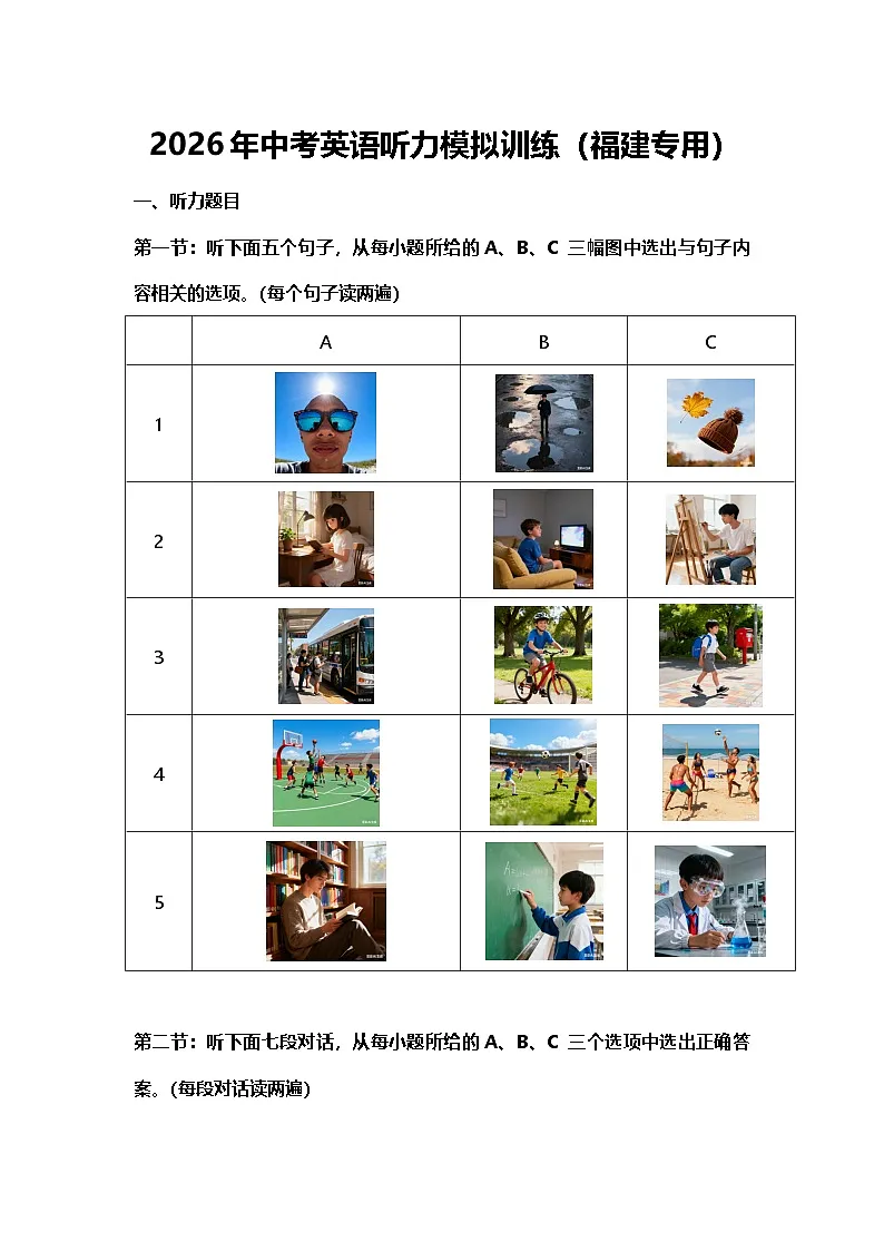 2026年中考英语听力模拟训练（福建专用）第1页