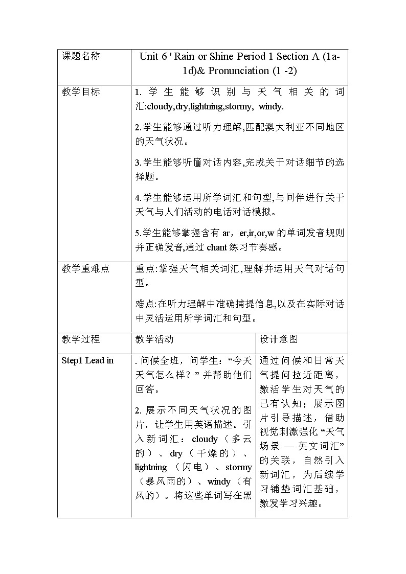 人教版（2024）英语七年级下册Unit 6 Rain or Shine Period 1 Section A 教学设计（表格式）第1页