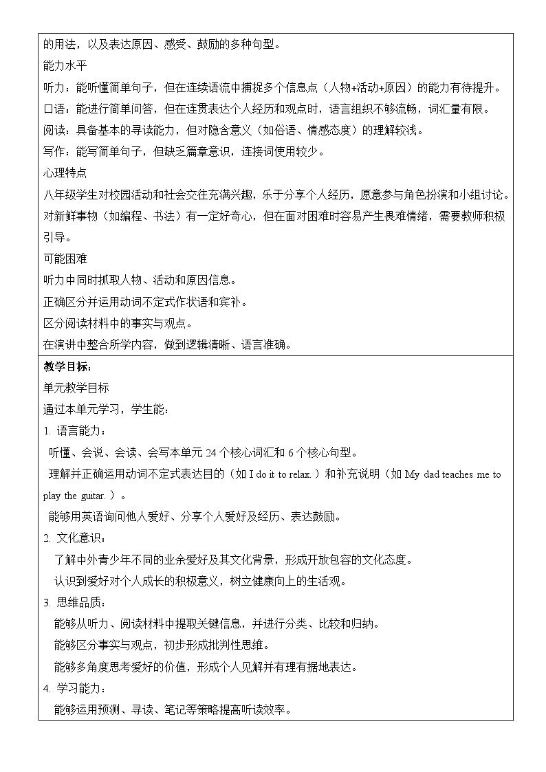 【新教材】人教版（2024）八年级下册英语Unit 1 Time to Relax单元备课教案【表格式】第2页