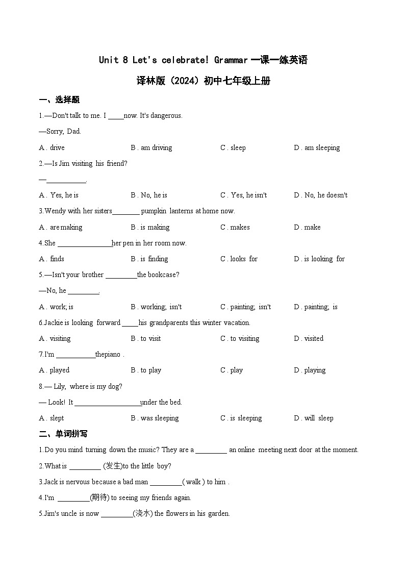 Unit 8 Let's celebrate! Grammar一课一练英语译林版（2024）初中七年级上册(无答案)第1页