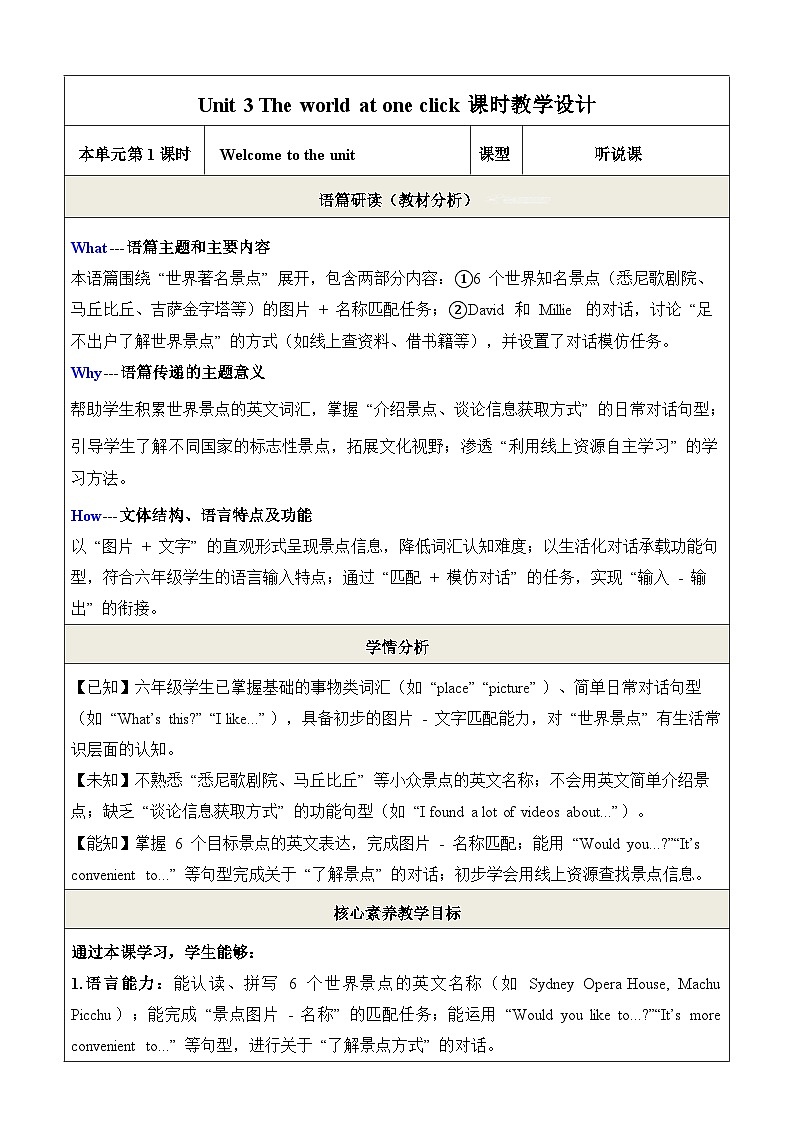 译林版（2024）八年级下册英语Unit 3 The world at one click Welcome to the unit 教学设计（表格式）第1页