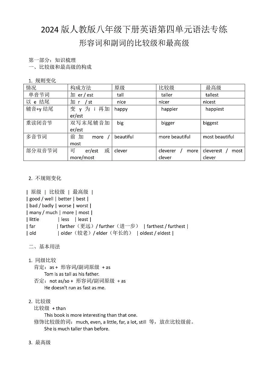 2024版人教版八年级下册英语第四单元语法专练含答案第1页