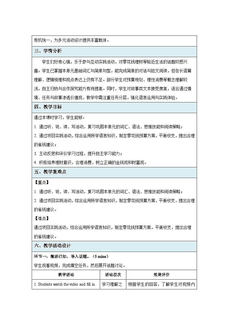 Unit 8 Every Coin Counts!（Project & Review）教案表格式  初中英语仁爱科普版（2024）八年级下册第2页