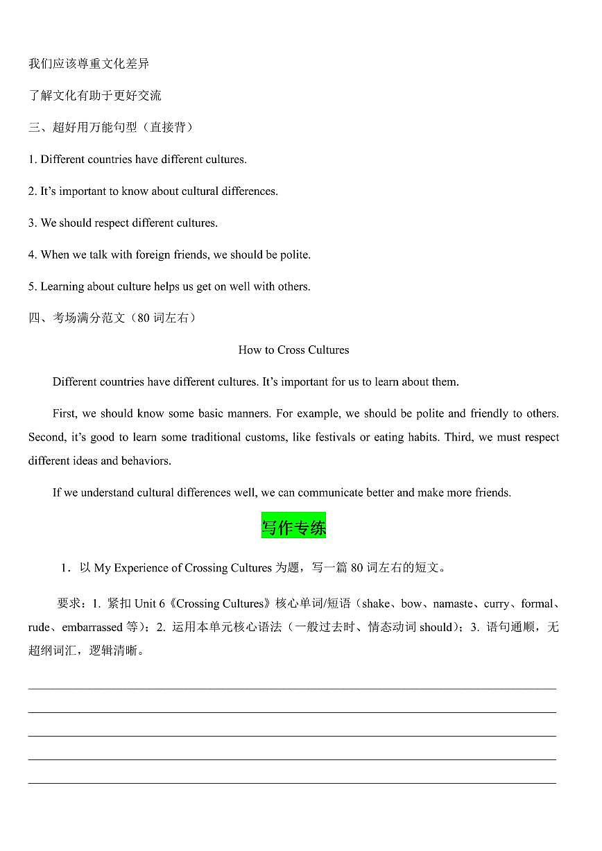2024版人教版八年级英语下册Unit 6 Crossing Cultures单元话题写作思路点拨和写作专练含答案第2页