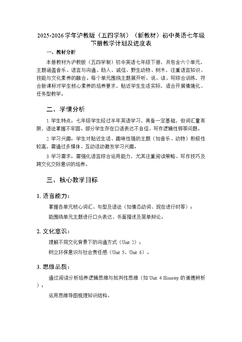 2025-2026学年沪教版（五四学制）（新教材）初中英语七年级下册教学计划及进度表第1页