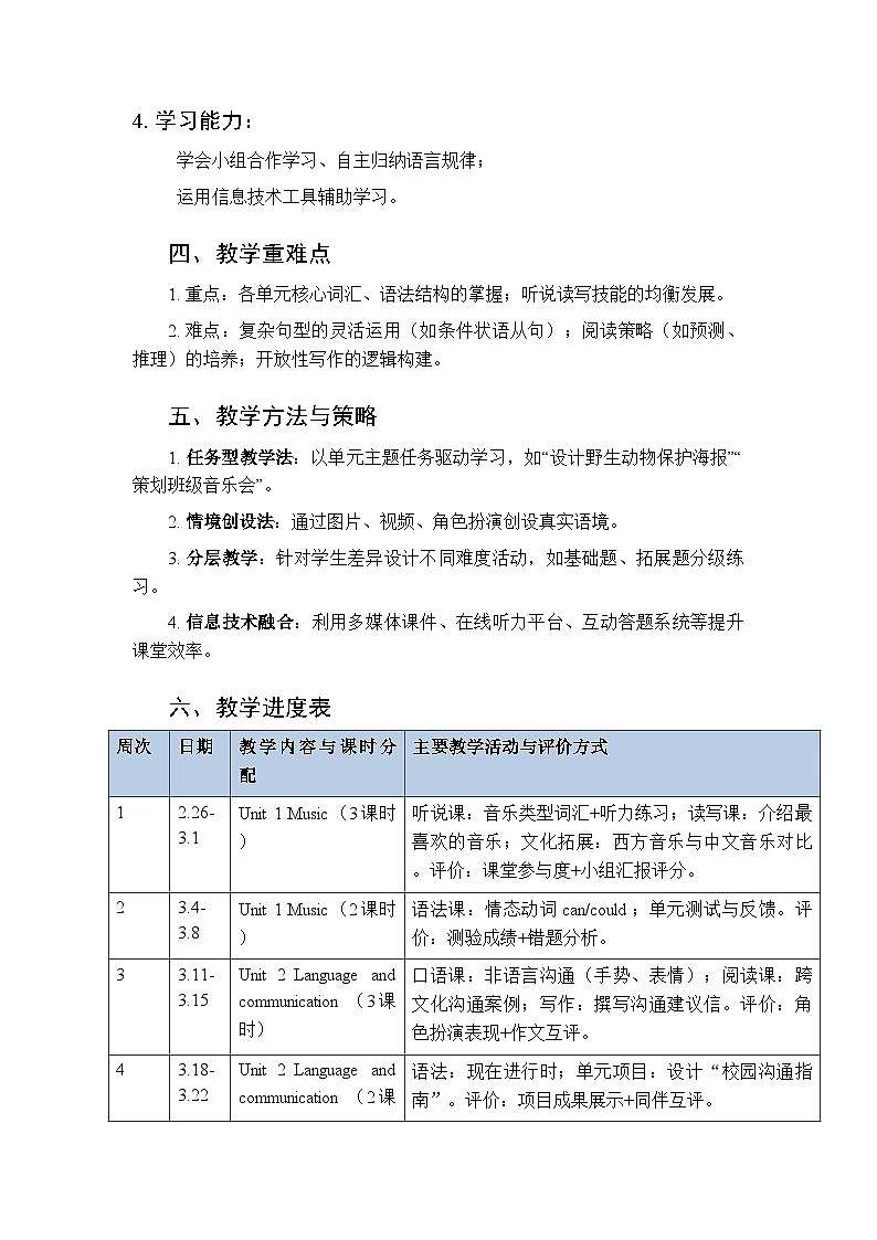 2025-2026学年沪教版（五四学制）（新教材）初中英语七年级下册教学计划及进度表第2页