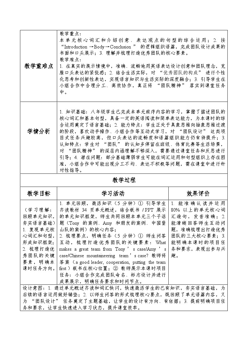 Unit 3 What makes a great team Presenting ideas&Reflection 表格式教学设计-新外研版八年级下册第2页