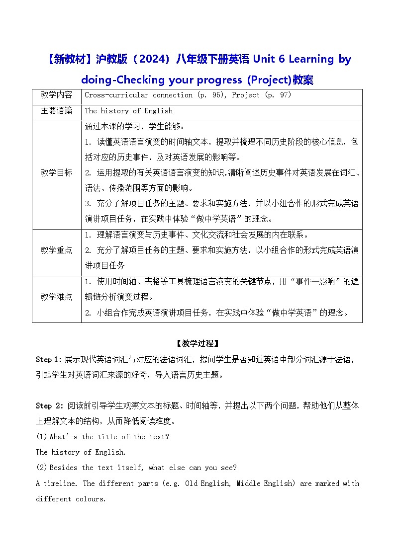 【新教材】沪教版（2024）八年级下册英语Unit 6 -Checking your progress (Project)教案【表格式】第1页