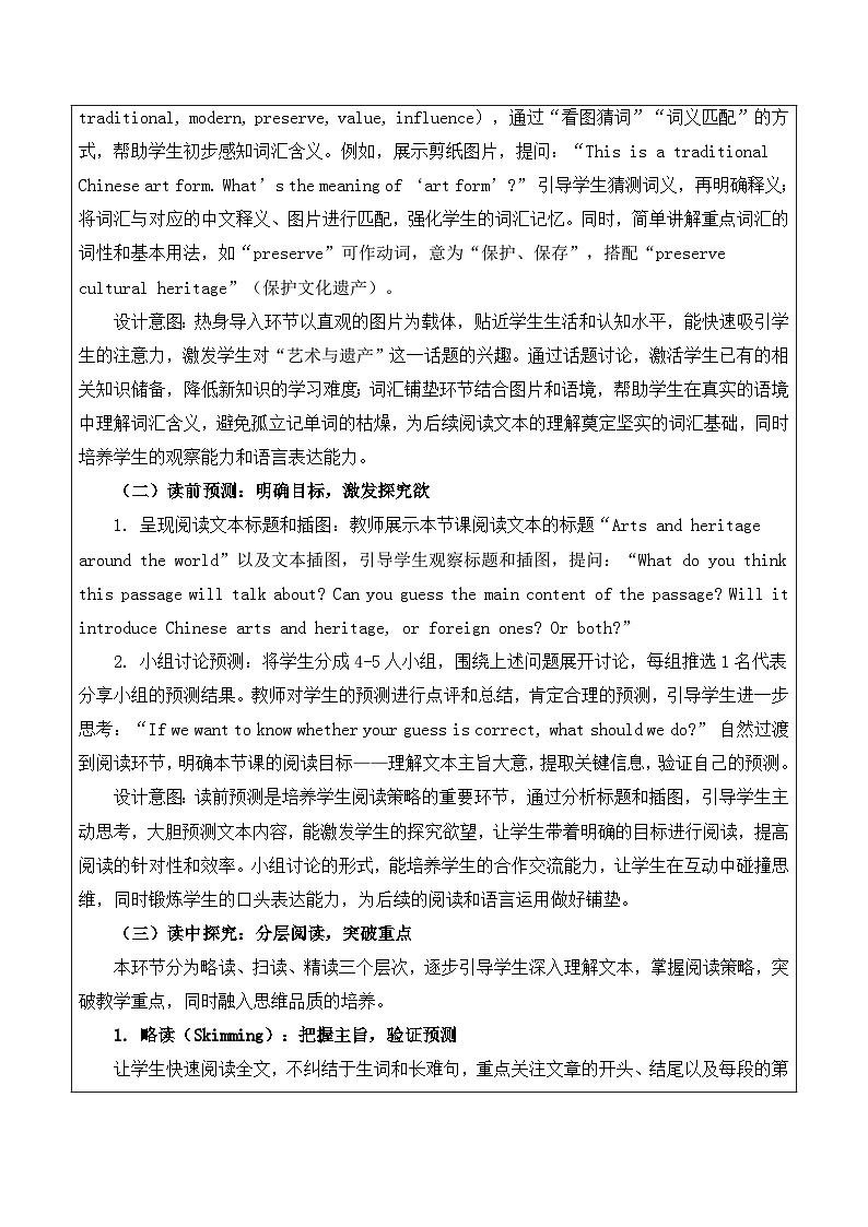 【新教材】沪教版（2024）八年级下册英语Unit 4 Arts and heritage-Section 1 (Reading)教案【表格式】第2页