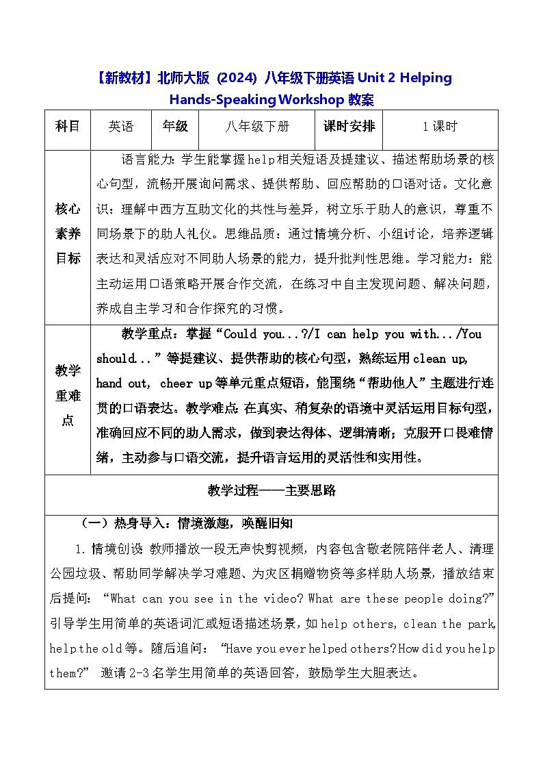 【新教材】北师大版（2024）八年级下册英语Unit 2 Helping Hands-Speaking Workshop教案【表格式】第1页