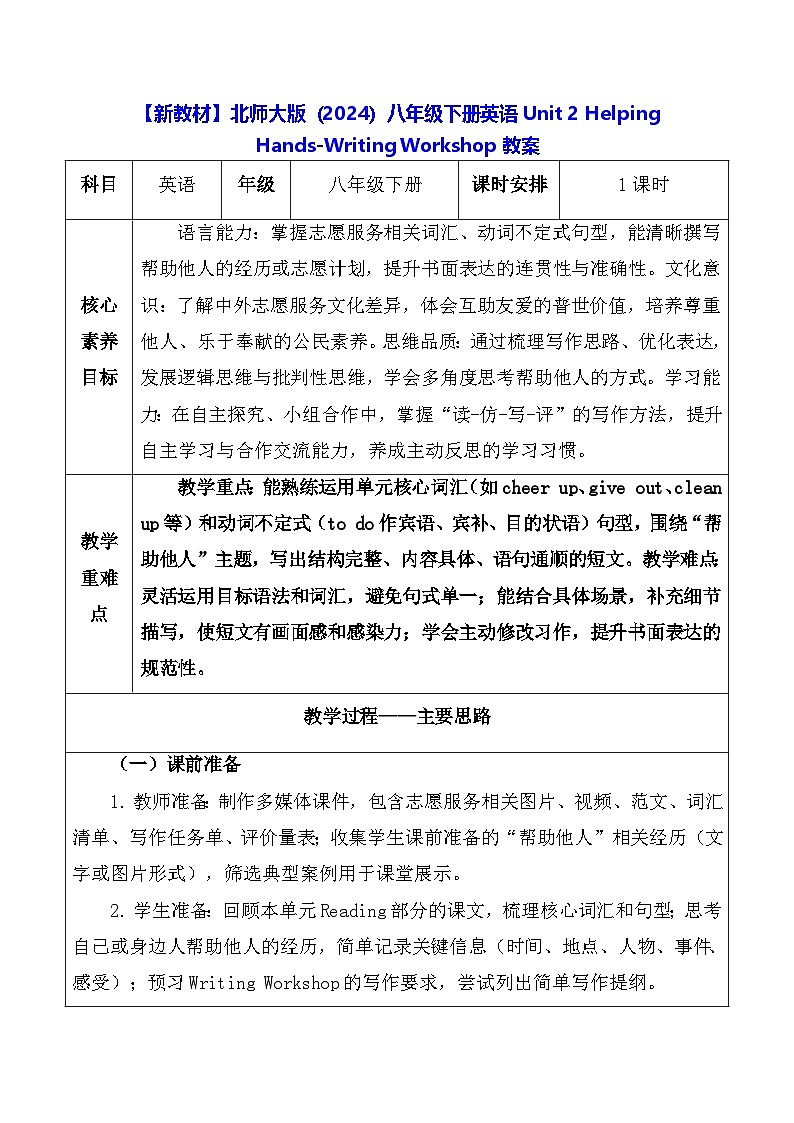 【新教材】北师大版（2024）八年级下册英语Unit 2 Helping Hands-Writing Workshop教案【表格式】第1页
