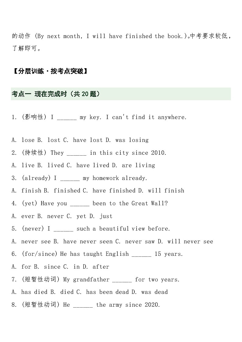 中考英语二轮专题复习 专题十：动词时态（二）完成时与进行时（完成体·进行体）专项训练第3页