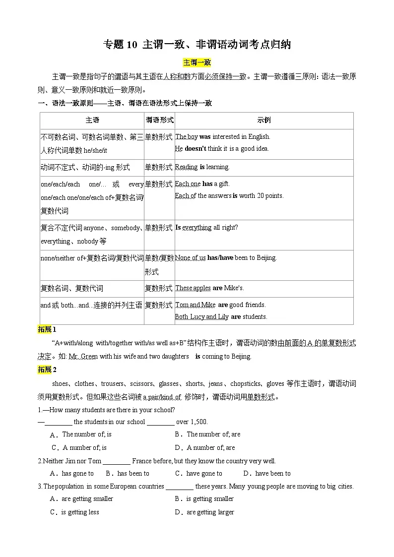 专题12 主谓一致、非谓语动词考点归纳（原卷版）第1页