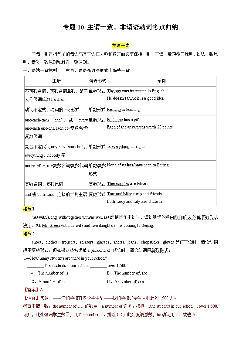 专题12 主谓一致、非谓语动词考点归纳（解析版）第1页