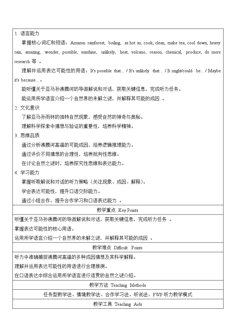 Unit5Looking into nature第三课时Developing ideas听说课教学设计（表格式） 2025-2026学年外研版英语八年级下册第2页