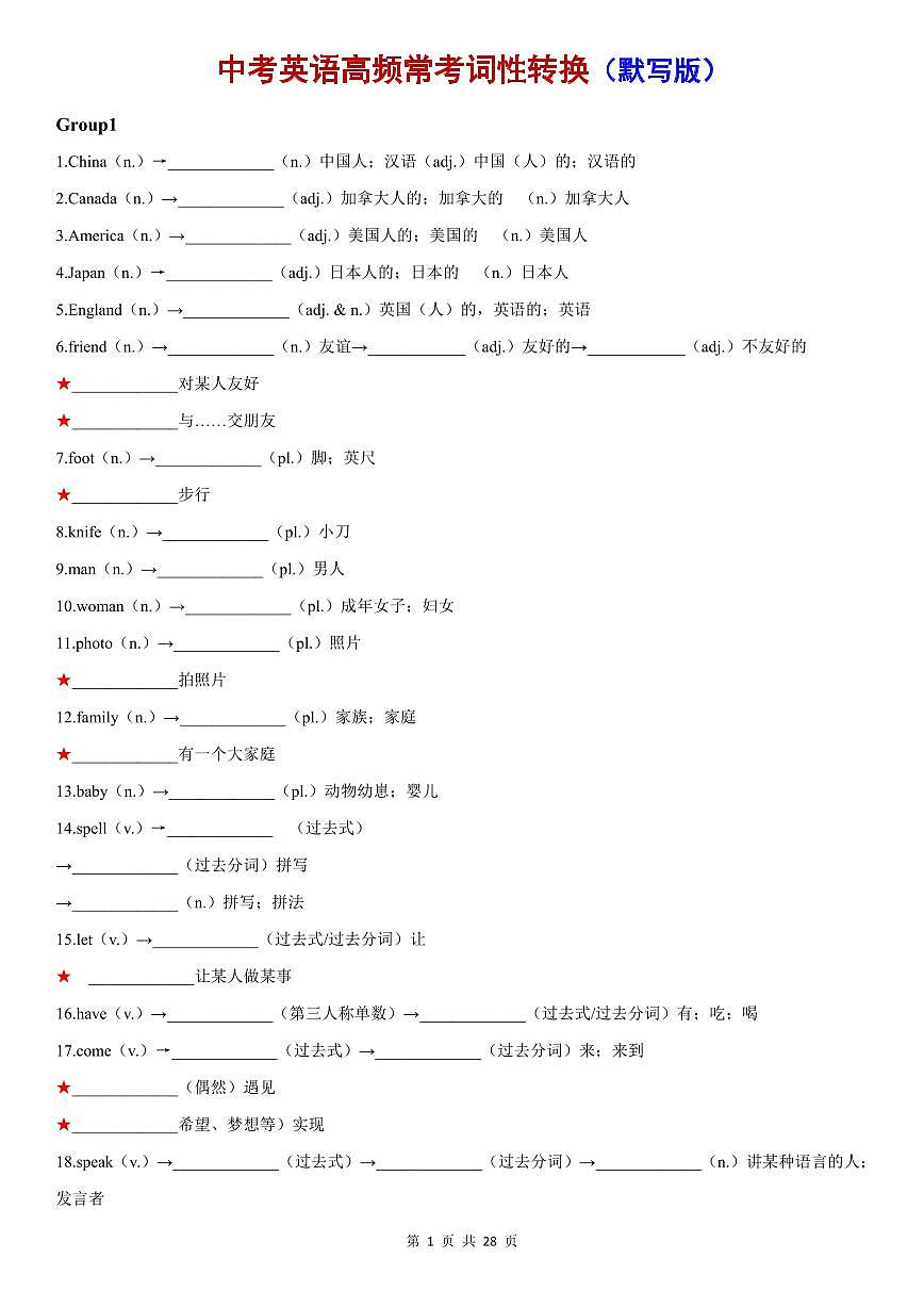 中考英语第一轮复习高频常考必背词汇词形转换归纳知识点（默写版+背诵版）第1页