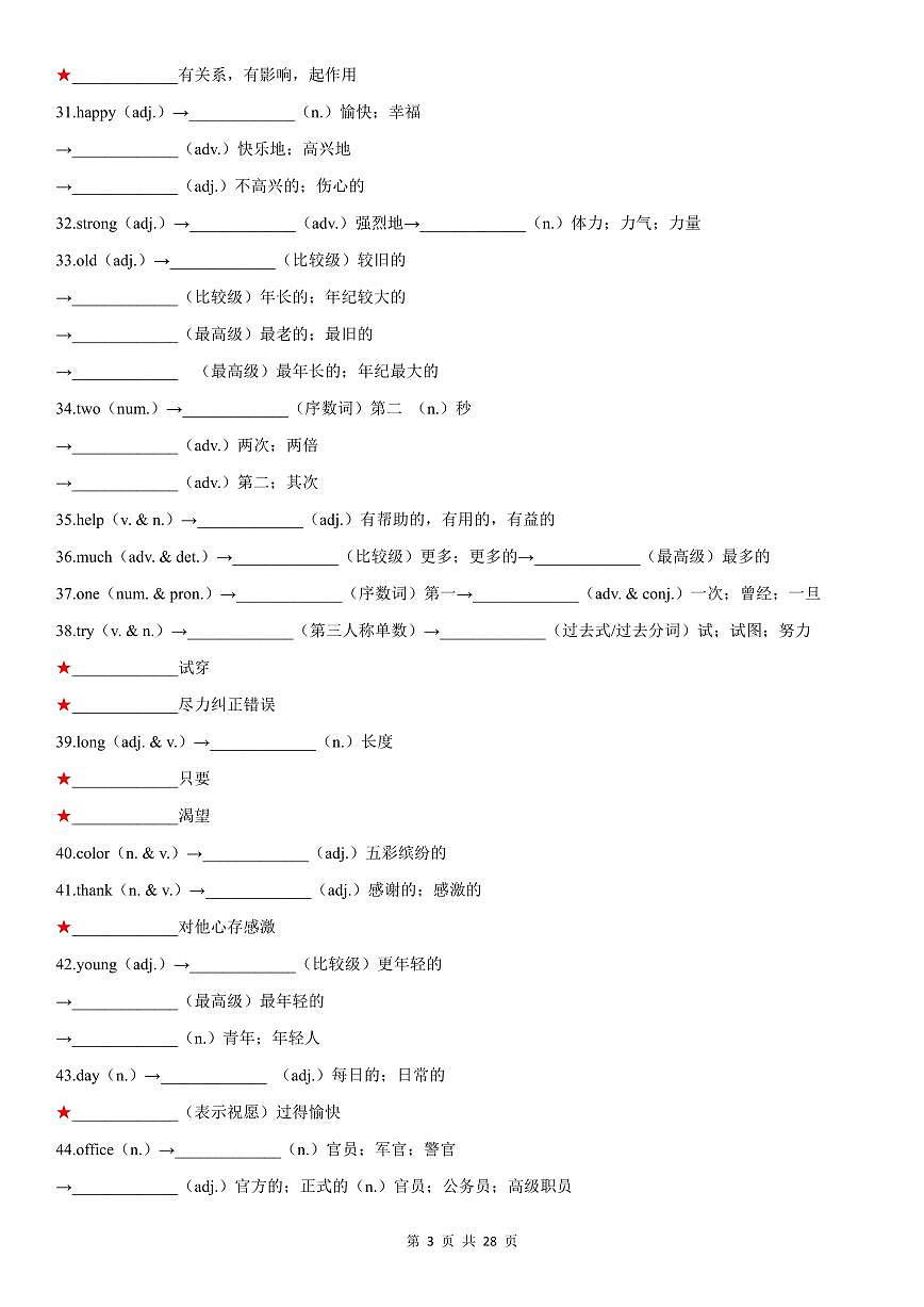 中考英语第一轮复习高频常考必背词汇词形转换归纳知识点（默写版+背诵版）第3页