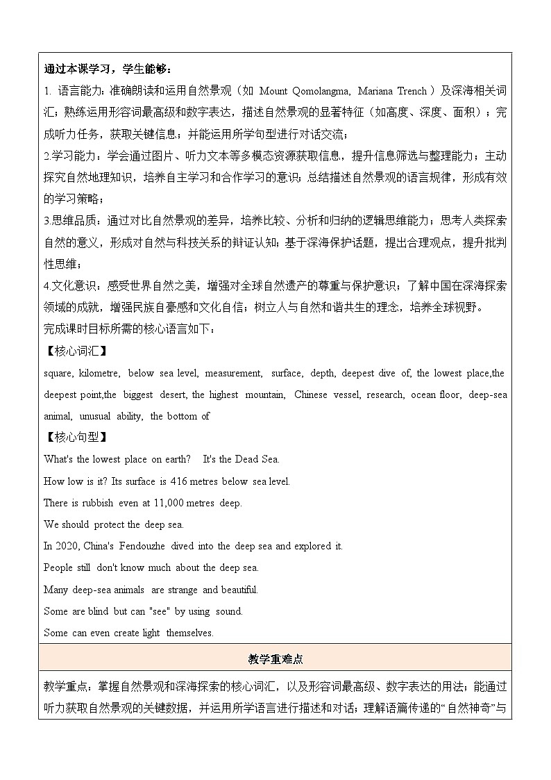 Unit 4 The Wonders of Nature 第1课时 听说课教学设计（表格式）人教版（2024）八年级英语下册第2页