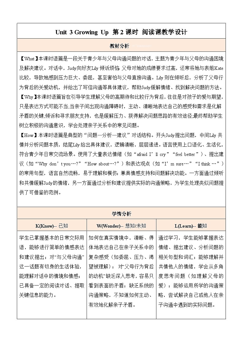 Unit 3 Growing Up 第2课时Section A 3a- 3d 阅读课教学设计（表格式）人教版（2024）八年级英语下册第1页