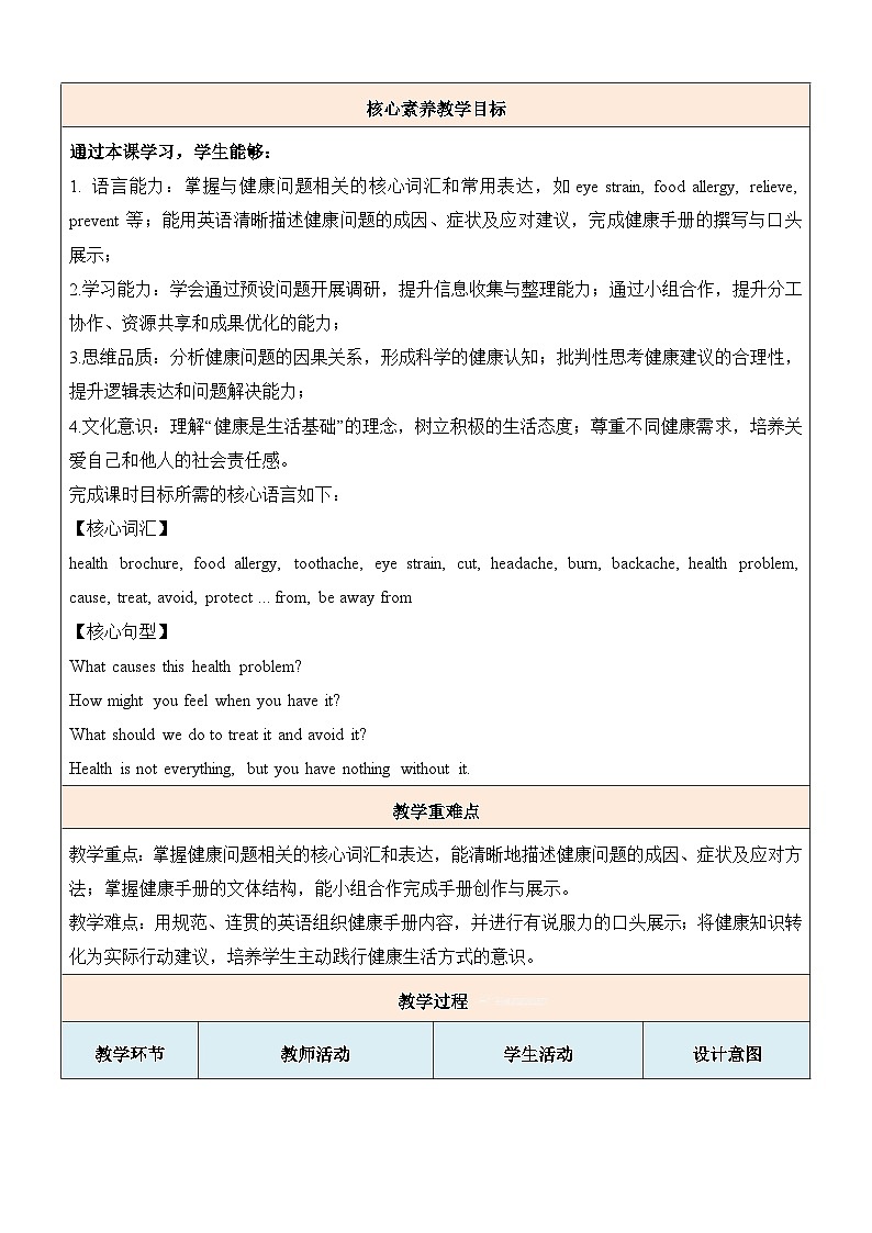 Unit 2 Stay Healthy Section B(4a-4c)第6课时 project 项目活动课教学设计（表格式）人教版（2024）八年级英语下册第2页