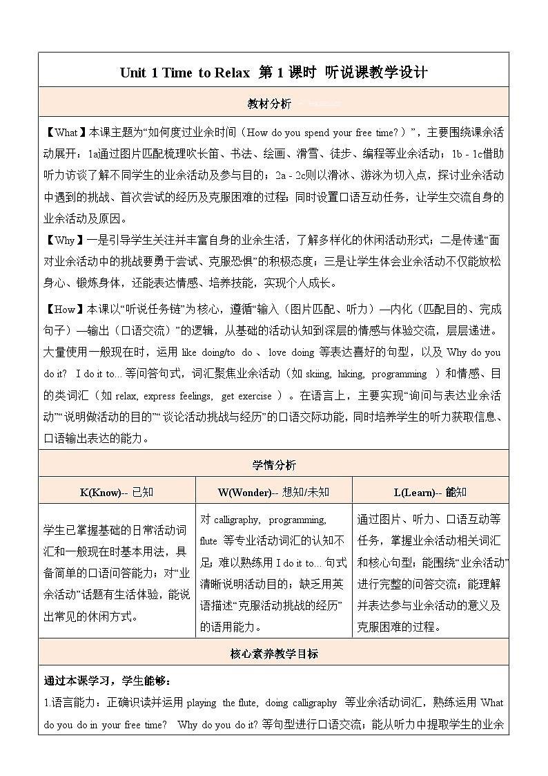 Unit 1 Time to relax 第1课时sectionA（1a-2d） 听说课教学设计（表格式）人教版（2024）八年级英语下册第1页