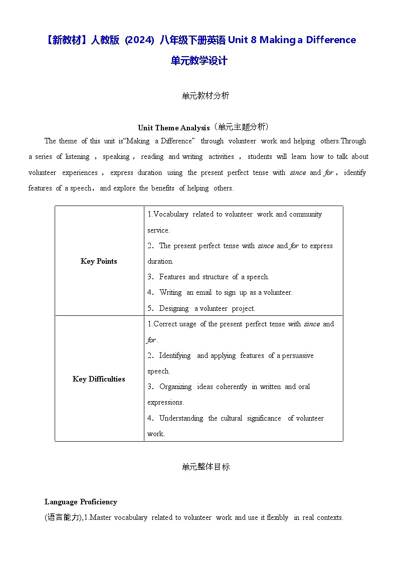 【新教材】人教版（2024）八年级下册英语Unit 8 Making a Difference单元教学设计第1页