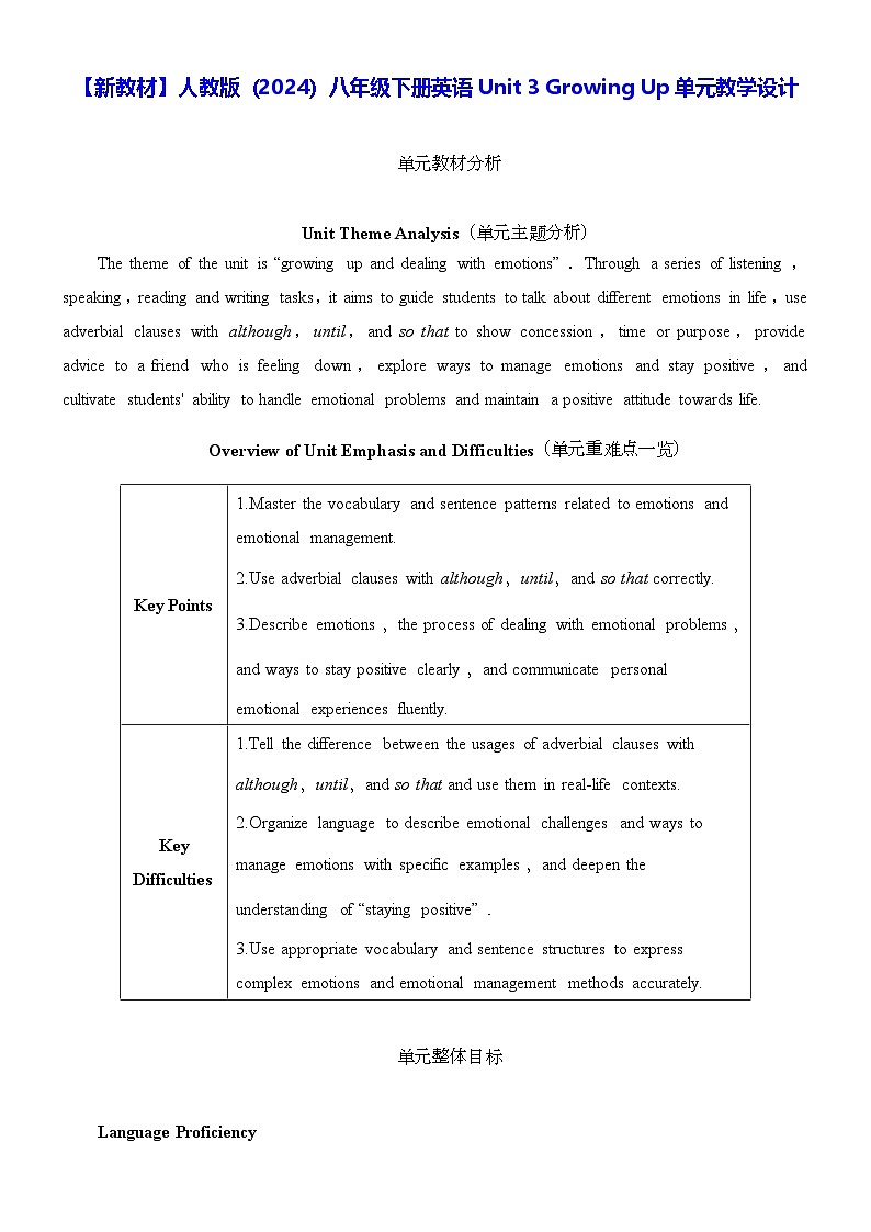 【新教材】人教版（2024）八年级下册英语Unit 3 Growing Up单元教学设计第1页