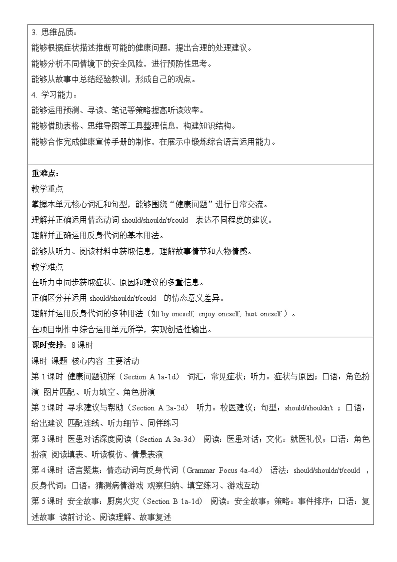 【新教材】人教版（2024）八年级下册英语Unit 2 Stay Healthy单元备课教案【表格式】第3页