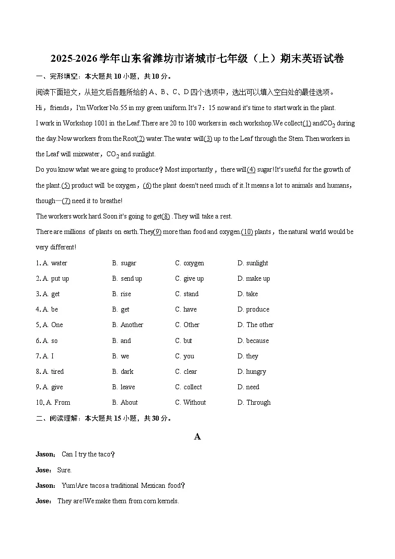2025-2026学年山东省潍坊市诸城市七年级（上）期末英语试卷-自定义类型第1页