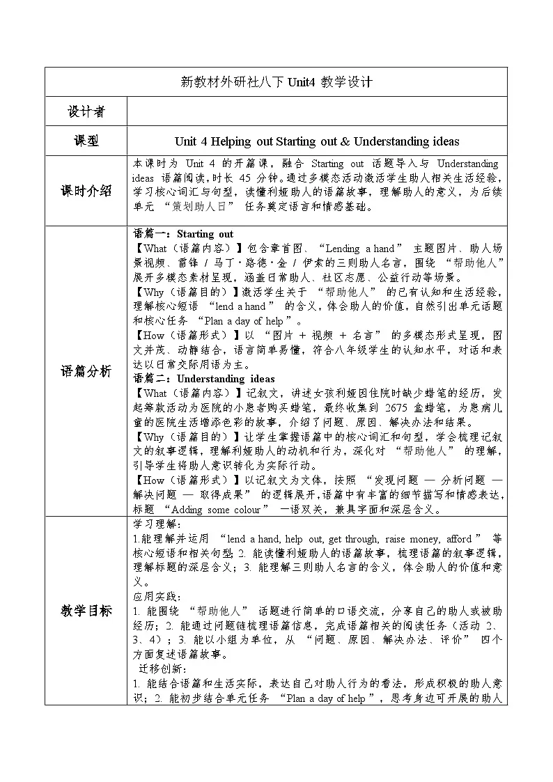 Unit 4 Helping out Starting out & Understanding ideas 表格式教学设计-新外研版八年级下册第1页
