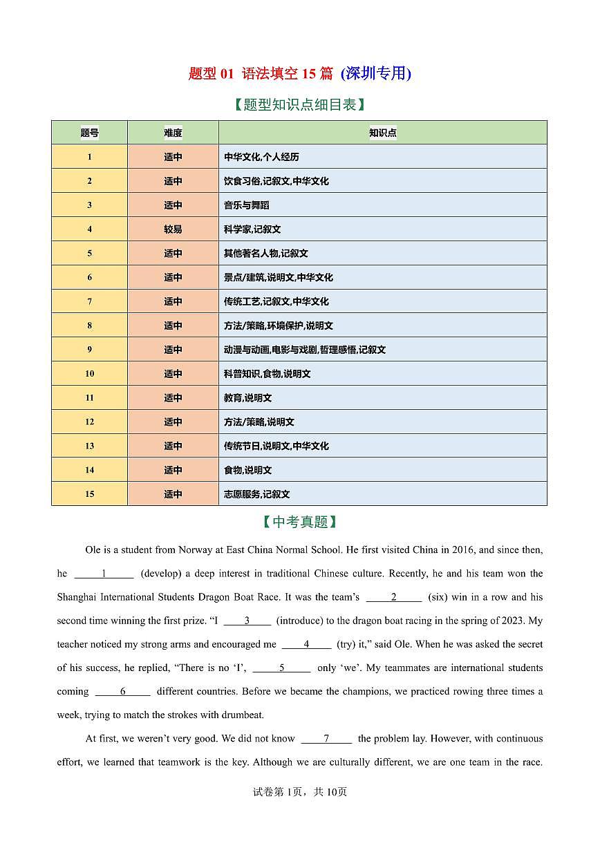 2026年中考英语总复习-题型01 语法填空15篇（深圳专用）（中考典例+热点话题练）（原卷版）第1页