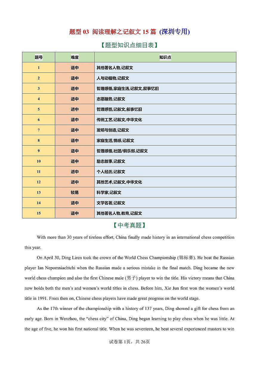 2026年中考英语总复习-题型03 阅读理解之记叙文15篇（深圳专用）（中考典例+热点话题练）（解析版）第1页